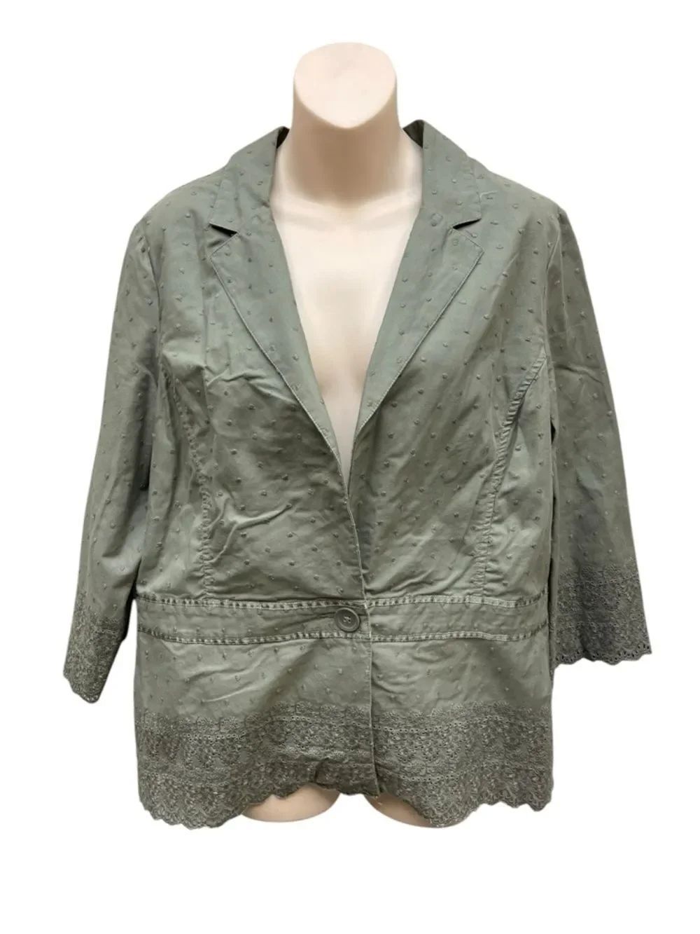 Old Navy Olive Green Eyelet Blazer Jacket XL Cotton Embroidered Lightweight